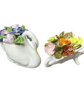 Vintage Royal Adderley Swan Wheelbarrow Figurines Bone China Flowers England 50s